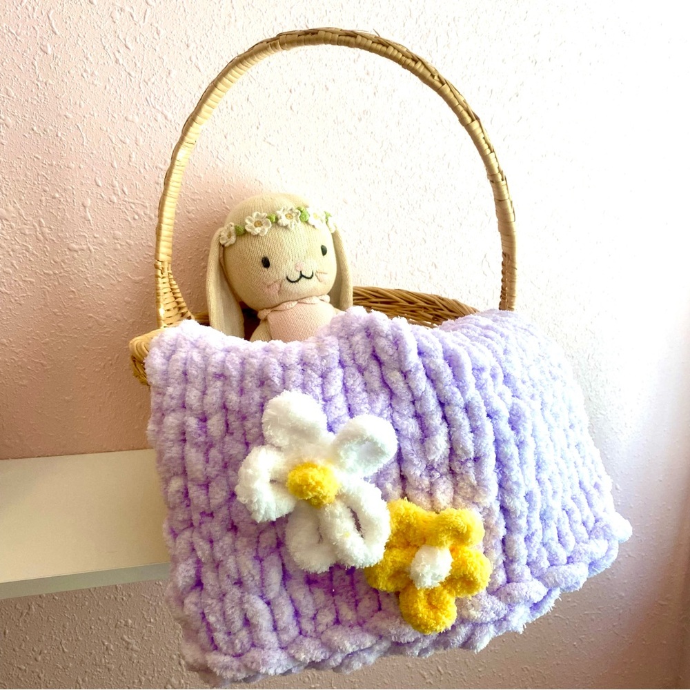 Handmade Lilac Knitted Blanket with Floral Accents